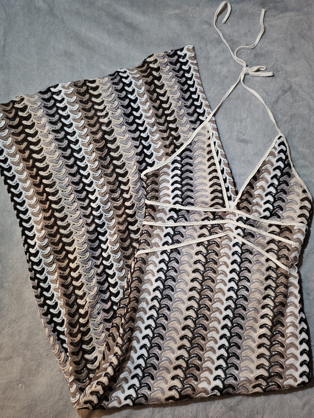 Crochet Halter Maxi Dress in Neutral Stripe